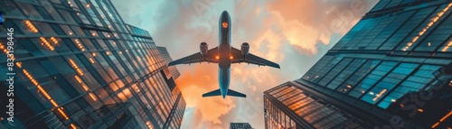 Airplane soars above modern skyscrapers in a bustling city