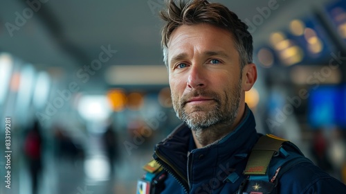 Close-up portrait of a pilot wearing a blue flight uniform, standing confidently with a blurred airport background
