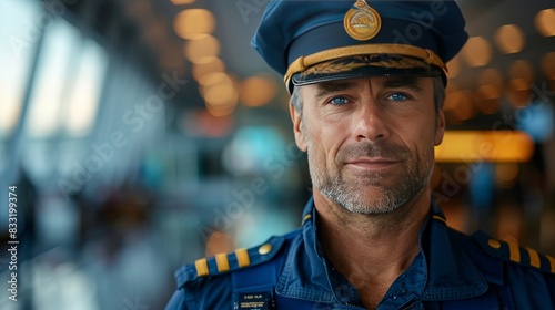 Close-up portrait of a pilot wearing a blue flight uniform, standing confidently with a blurred airport background