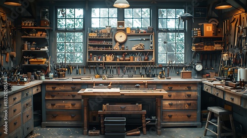 Intimate view of a craftsman's workbench with an assortment of tools, wood pieces, and artisan creations, set against a diffuse, tool-laden workshop background.