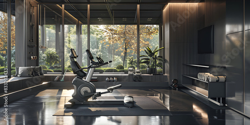 Smart Home AI fitness center with workout planning and ambient lighting ,A home fitness area with a wallmounted rowing machine.