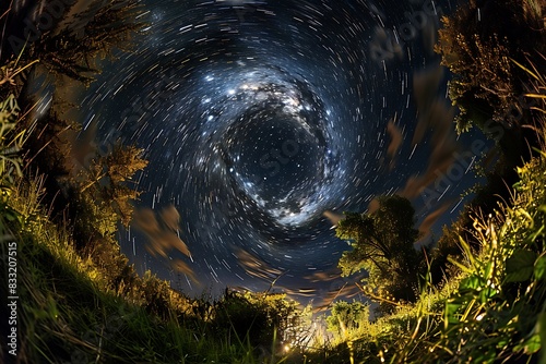The hypnotic swirl of a galaxy with stars trailing light across the cosmos