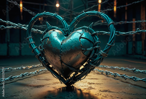 A broken metal heart surrounded by barbed wire