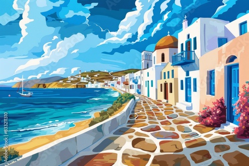 Illustration of Mykonos Island ,Greece , world travel