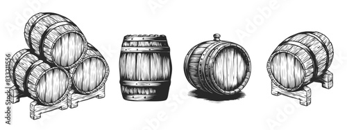 Wooden barrels vintage icons set. Hand drawn sketch vector illustration of different cask collection. Wine, beer, whiskey storage container isolated on white background. Old winery design elements