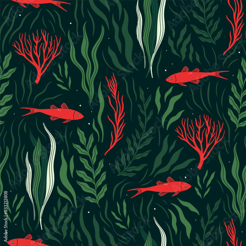 Seamless pattern of dark green algae and red fish. Vector graphics.