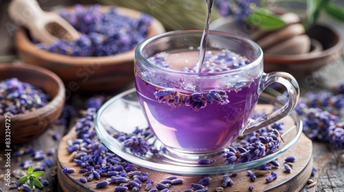 A cup of healthy lavender tea and lavender flowers. Alternative medicine.