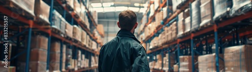 Logistics manager coordinating shipments, Man in a warehouse filled with shelves of boxes, wearing a jacket, looking at organized storage items under bright lights.