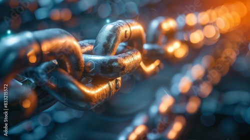 Close-up of a metallic chain, with selective focus on the links. The image features a warm, vibrant light source in the background.