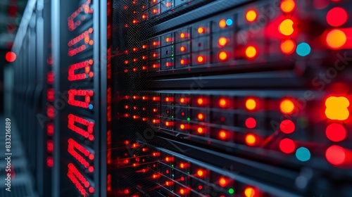 Close-up of server racks with blinking red lights, representing data processing and digital technology.