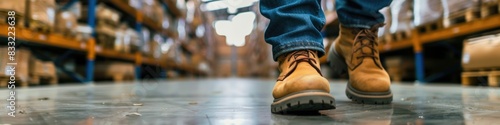 The close up picture of the worker is walking inside the factory warehouse while wearing the safety shoes, the factory worker require skill like technical knowledge, safety awareness, strength. AIG43.