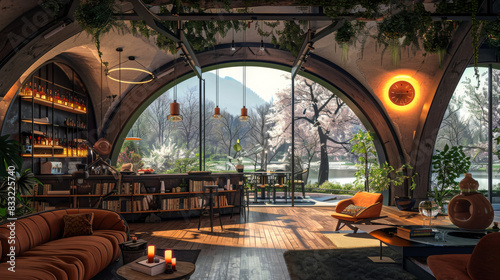 Interior of a modern coffee shop with a fireplace and a view of glass round windows. A neat bar counter, designer arches and a wooden bookshelf in a coffee shop. Concept of catering, interior.