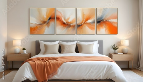 "Abstract paintings in calming pastel shades decorating a bedroom wall, in crisp HD quality."