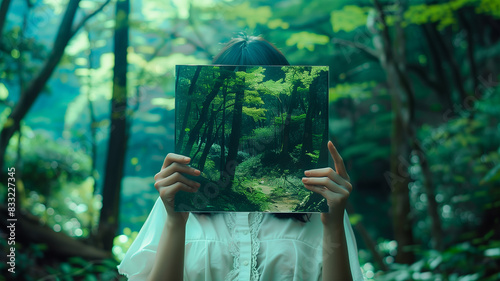 森の景色を映す鏡を持つ日本の若い女性