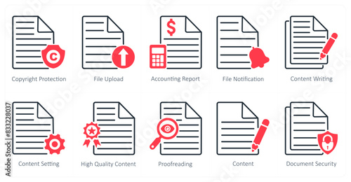 A set of 10 seo icons as copyright protection, file upload, accounting report