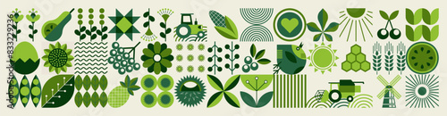 Spring pattern. Agriculture, farming. Mosaic style. Simple geometric shapes. Textile background of grains, poultry breeding, beekeeping, agricultural machinery, farm implements, flowers.