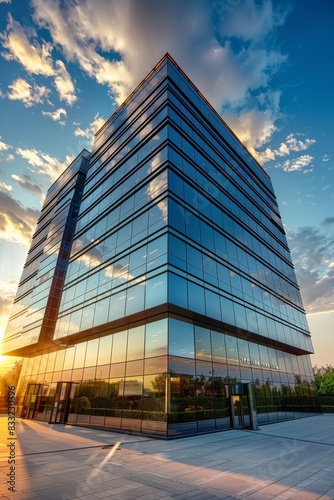 A panoramic view of an office building's exterior 