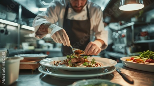 Chef plating a gourmet dish in a high-end restaurant kitchen