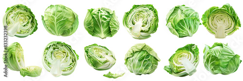 Cabbage on white background. Whole, half, slice, cut cabbage set.