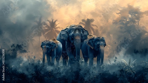 Majestic Family of Elephants Navigating Misty Tropical Jungle Landscape in Watercolor Style