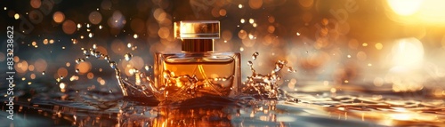A luxurious perfume bottle amidst a splash of water droplets