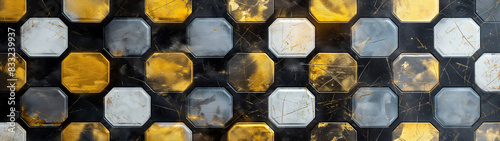 Abstract geometric pattern with gold and silver octagonal shapes on a dark textured background. Copy space. Generative AI