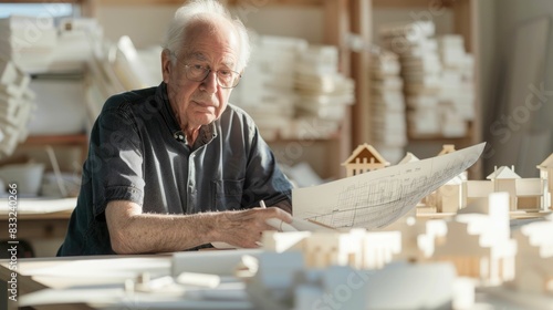 The picture of caucasian architect male working on the blueprint to planning a city, the city designer or architect require architecture knowledge, planning, communication and the management. AIG43.
