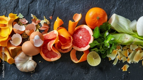 A lineup of different types of food scraps including fruit peels vegetable tops and eggshells all suitable for composting.