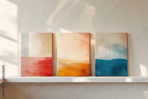 A diptych or triptych arrangement of abstract paintings displayed on a floating shelf against a soft pastel-colored wall, each canvas exploring the interplay of organic forms and negative space