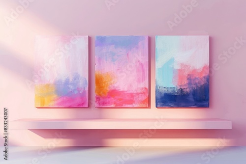 A diptych or triptych arrangement of abstract paintings displayed on a floating shelf against a soft pastel-colored wall, each canvas exploring the interplay of organic forms and negative space