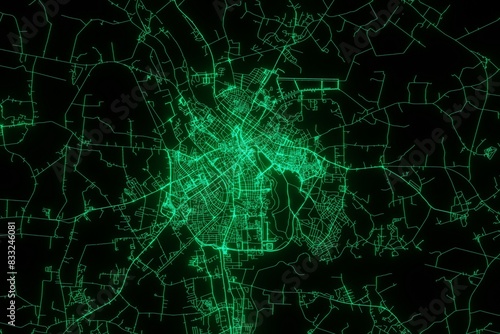 Map of the streets of Tartu (Estonia) made with green illumination and glow effect. Top view on roads network. 3d render, illustration