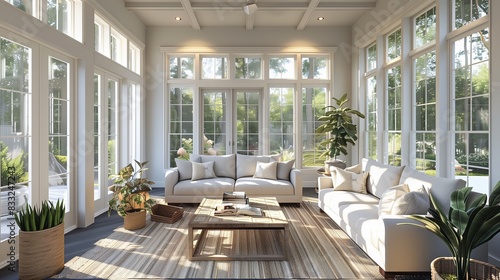 Modern Craftsman sunroom with large windows and comfortable seating