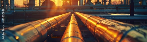 A warm sunset casts a golden glow on a network of industrial pipelines, reflecting the intersection of technology and nature.