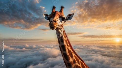 A giraffe stands tall in the savanna, surrounded by clouds. AI.