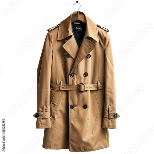 Front view of a camel men's trench coat on a wooden hanger isolated on a white transparent background