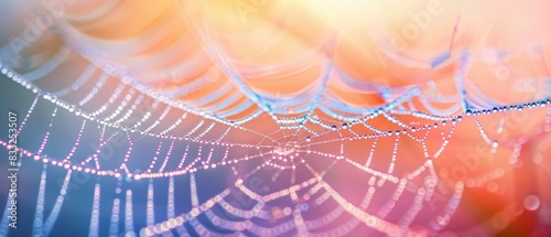 Close-up of a colorful wet spider web with morning dew drops. AI.