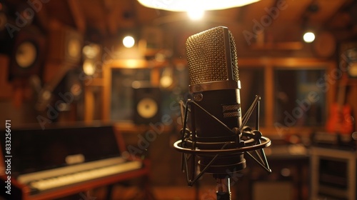  A condenser microphone poised in a sound-treated recording studio