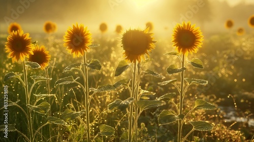 A beautiful sunflower field at sunrise, with the golden light illuminating the tall sunflowers and casting long shadows on the dewy grass. 32k, full ultra hd, high resolution