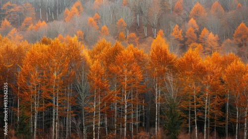 A tranquil forest displaying trees in different autumnal phases where most are orange while a few remain green creating a peaceful and serene natural landscape