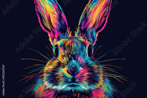 The rabbit is colored in neons and executed in the pop art style with watercolor splashes against a black background.
