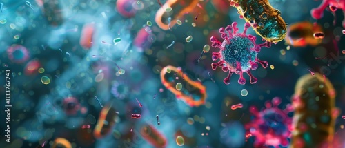 Microscopic view of viruses and bacteria in bright colors, showcasing the complexity of microscopic organisms in high detail.