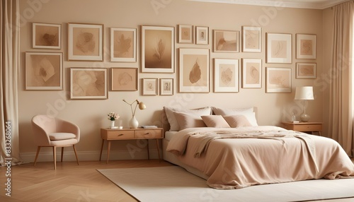 "An HD capture of a bedroom featuring a gallery of soothing abstract paintings in various pastel hues."