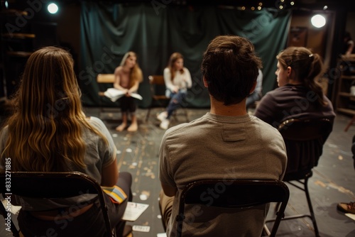 Behind the scenes. Dedicated actors and crew rehearsing in a cozy community theater