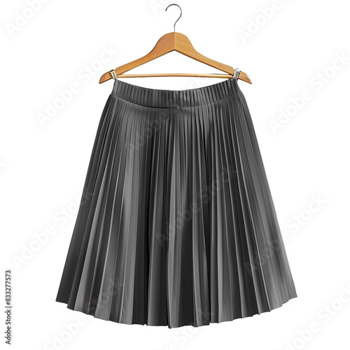 Front view of a gray women's midi skirt on a wooden hanger isolated on a white transparent background