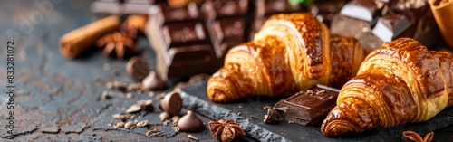 A close-up of a table covered with a variety of decadent chocolate treats and freshly baked croissants. The concept of breakfast.