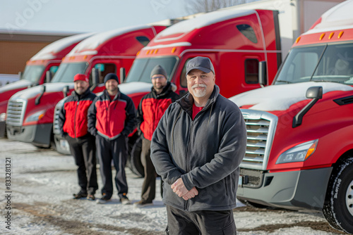 Confident male leader posing with his dedicated team of truckers against a backdrop of impressive, red semitrucks on a sunny day