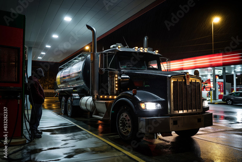 Professional truck driver fills up his large tanker truck at a brightly lit gas station under the evening rain