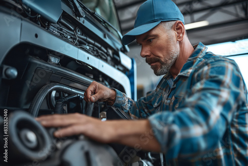 Professional mechanic in work attire concentrating on inspecting a diesel semitruck engine for automotive repair and maintenance at an industrial workshop using specialized equipment and diagnostics