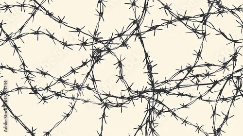 Abstract seamless pattern with barbed wire intertwined with geometric shapes, creating a unique and modern design
