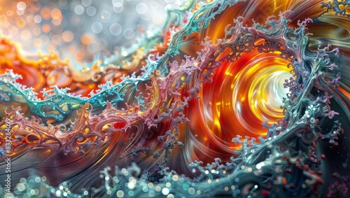 Dynamic, electrifying abstract illustration with swirling, fiery brush strokes of orange, yellow and red fused with splashes of teal, creating energetic flow and movement.